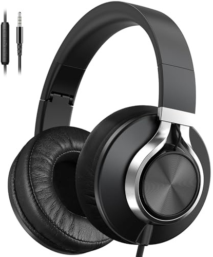 AILIHEN Cuffie cablate con microfono, cuffie sovrauricolari pieghevoli con cavo con controllo del volume da 3,5 mm, per adolescenti e adulti, smartphone Chromebook (nero)