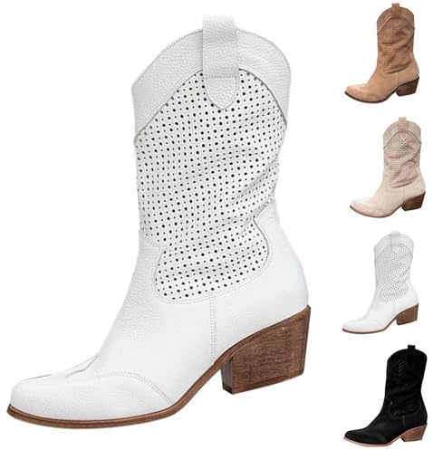 Botines para mujer con tacón elegante, botines occidentales para mujer, de piel, botas de vaquero, color blanco, botas hippie en el tobillo botines de ante de verano transpirables, marrón, 38 EU