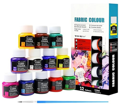Textilfarbe Waschmaschinenfest Set 12x25ml – Stoffmalfarben Set – Waschfeste Stofffarben für T-Shirt, Jeans, Baumwolle, Polyester – Intensive Farben für Kleidung & DIY Projekte