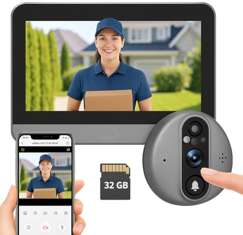 Judas numérique de porte WiFi enregistreur - Caméra d'enregistrement Wi-Fi avec détecteur de mouvement - Écran de 4,3 pouces 3MP 1080P - Batterie longue durée de 5 000 mAh - Carte mémoire 32 Go