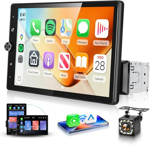 MAHVEC 10.4'' Single Din Car Stereo with Wireless CarPlay Android Auto, HD Rotation Touchscreen Radio with Bluetooth, USB, Mirror Link, SWC, Car Play, FM/RDS Radio, Backup Camera