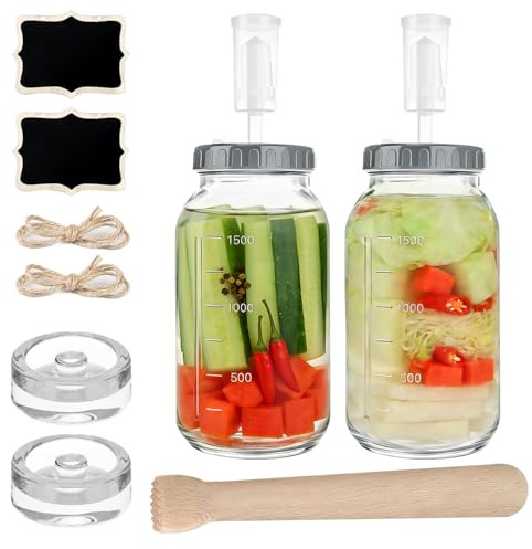 PEEXTBB Fermenteringsglas 2 st 2L, 64oz Kimchi Behållare med luftsluss och vikt, bred mun fermenteringsglas med träpropp, kefirglas med lock, för pickles, surkål, surdegsstarter