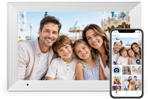 AEEZO Marco Digital de 32 GB, Marco Fotos de Digital con WiFi de 10,1″, Marco Digital con Rotación Automática, Fácil y Rápido Intercambio Remoto de Fotos y Vídeos a Través de AiMOR (Blanco)