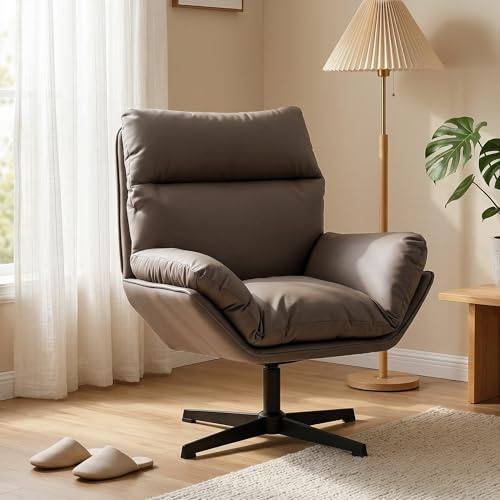 HOMCOM Modern Accent Chair PU Leather Armchair 360 Swivel Base Dark Brown | Thick Padded Cushion and Armrests, Reading Bedroom Chair, for Living Room, Study