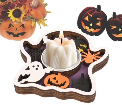 Portacandele di Halloween | Legno Spettrale | Portatealight con e | per Festa, Ufficio Casa Soggiorno Camera da e Mensola da Tavolo