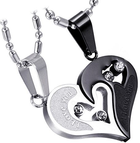 Cupimatch 2 Pcs Collier Couple Coeur Amour Puzzle,Pendentif Fantaisie avec Strass en Acier Inoxydable pour Femme et Homme ou Amoureux et Amies - Chaîne de 50cm & 55cm