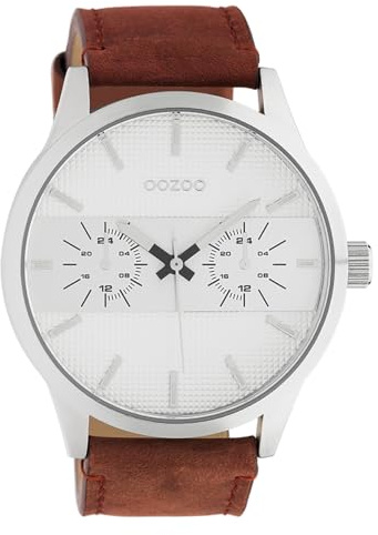 Oozoo Herrenuhr Chrono Look mit Lederband 48 MM Silberfarben/Cognac C10535