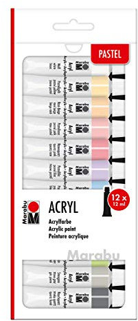 Marabu 1210000000210 - Acrylfarbenset mit 12 Pastellfarben á 12 ml, deckende, matt glänzende Acrylfarben auf Wasserbasis, für Keilrahmen, Malkarton, Papier und Holz geeignet, schnell trocknend