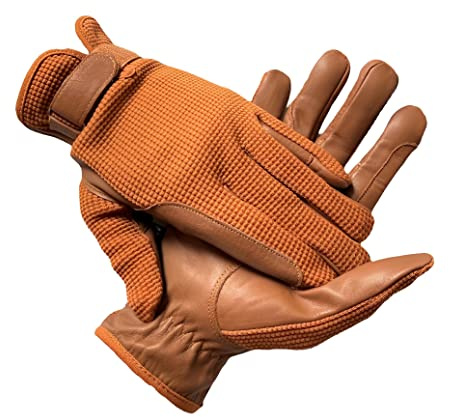 Gants d'équitation pour femme en cuir véritable et coton de qualité supérieure - Marron clair - Taille L