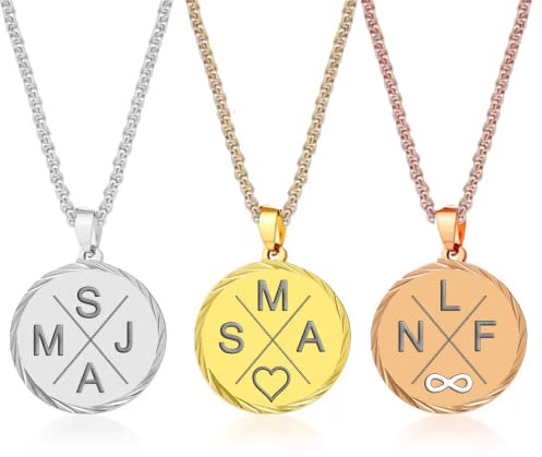 Rundkette mit Wunschgravur mit Buchstabe Damen-Kette Buchstaben Halskette Amulett in Rundform Plättchen - Personalisierte Edelstahl Gravur Kette Runder Anhänger Geschenk für Freundin BFF Silber