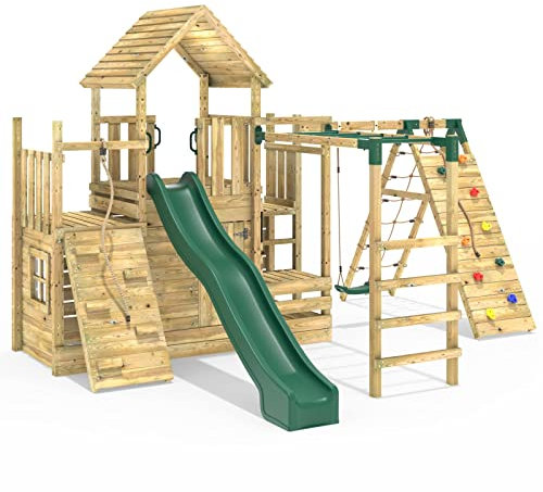 Rebo® Modular Wooden Climbing Frame Playset - M26 Swings, Monkey Bars and Den | OutdoorToys | Kids' Outdoor Wooden Garden Play Equipment, Children's Jungle Gym