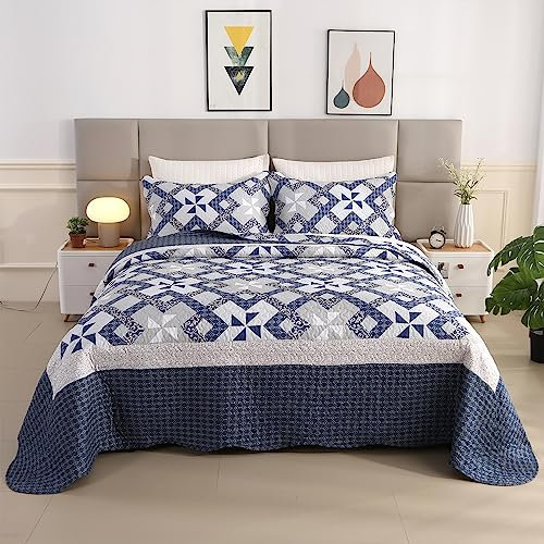 Qucover Country Style Quilted Bedspreads Soft and Comfortable Polycotton Bedspread King Size With Printed Pattern Windmill, 3 Pieces Quilted Bed Throw Bedspreads with Pillow Shams, Navy Blue 230x250cm