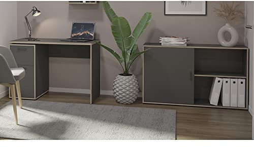 Lomadox Jugendzimmer/Büromöbelset, Schreibtisch und Schiebetürenkommode, anthrazit mit Eiche-Kante