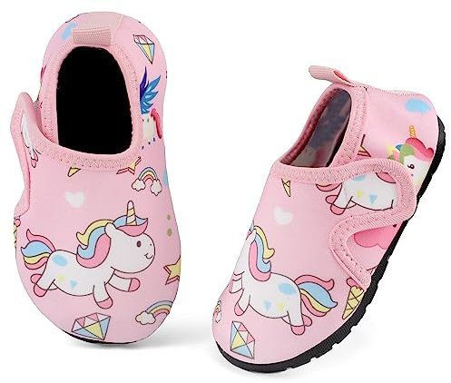 TIZAX Kinder Badeschuhe Mädchen Wasserschuhe rutschfeste Sommer Schnelltrocknend Barfusssocken Aquaschuhe für Strand Schwimmbad Rosa Einhörner 26/27