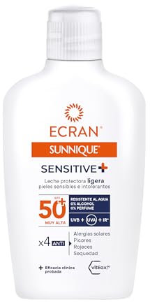 Ecran Sunnique Sensitive - Leche Protectora Ligera para Pieles Sensibles FPS 50+ | Fórmula con Pantenol, Resistente al Agua, sin Perfume ni Alcohol para Pieles Sensibles | 200ml
