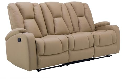 Mobilier-Deco Milan - Canapé 3 Places Relax Manuel en Tissu Microfibre Beige