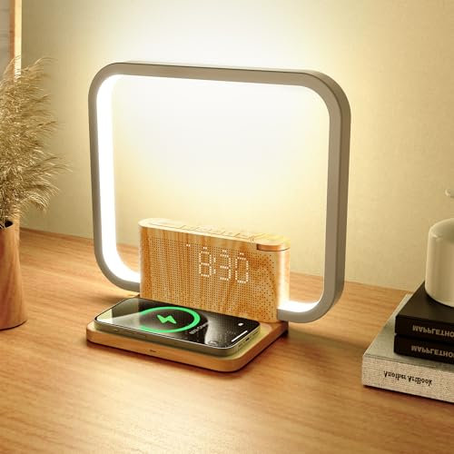 Nachttischlampe mit Ladefunktion, 10W Wireless Charger, Wake Up Licht, 10 Natürlichen Klängen Einschlafhilfe und Tischlampe Touch Dimmbar mit 3 Helligkeitsstufen für Schlafzimmer Wohnzimmer Büro