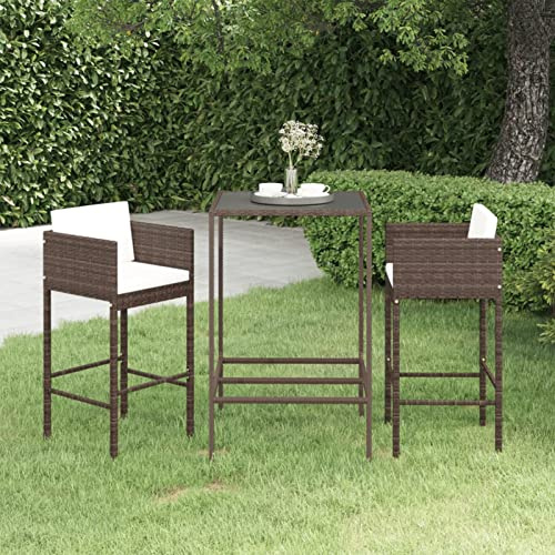 Rantry Set de Bar de jardín 3 Piezas y Cojines ratán sintético marrón Mesa Alta Exterior mesas Altas y taburetes Barra de Bar Exterior Jardin 70 x 70 x 110 cm
