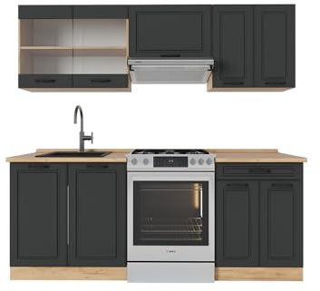 Vicco Küchenzeile R-Line, Anthrazit Landhaus/Goldkraft Eiche, 200 cm ohne Arbeitsplatte, geeignet zur individuellen Erweiterung durch Zusatzmodule