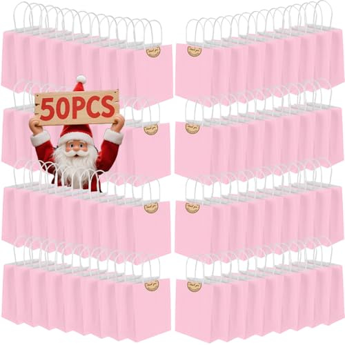 50Pcs Small Paper Bags With Handles, Paper Gift Bags a5 Size, 130GMS Thicken Kraft bags Party Favor Shopping includes lables for Favor Birthday Party Wedding Shopping Retail (D-Pink)