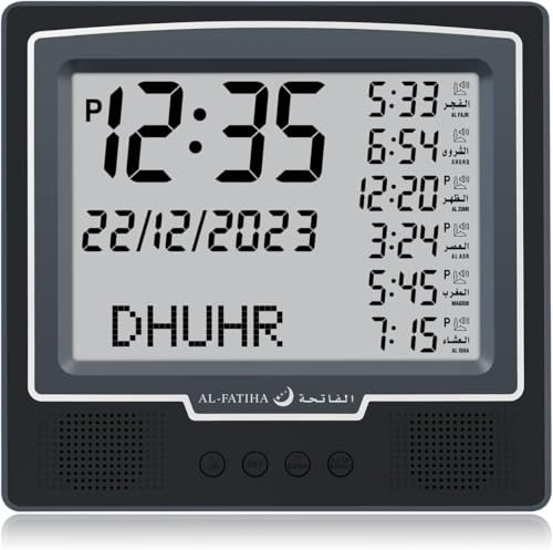 Azan Alarm Table Clock, Automatic Worldwide Digital 8 Azan Prayer Sounds, Muslim Prayer Clock for Home Decor, Ramadan Gift (Black)