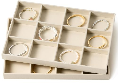 pickpiff Drawer Jewelry Organizer & Display Trays: 2pcs 12grid Velvet Stackable Jewelry Case (13.8x9.4x1.2inch) - Soft Beige Necklace Holder Bracelet Display Watch Box