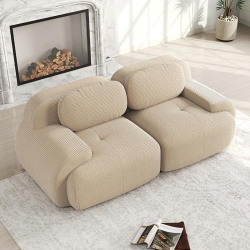 Canapé moderne en corduroy Loveseat Modulaire 2 places pour salon avec accoudoirs incurvés, sans montage - Fond antidérapant, rembourrage haute élasticité (Beige, 2 places)