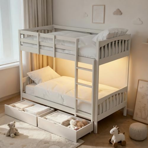 BabyVista Solid Wood Kids Bunk Beds Twin Over Twin, Heavy Duty Bunk Bed Frame with Storage, LED Lights and USB Charging