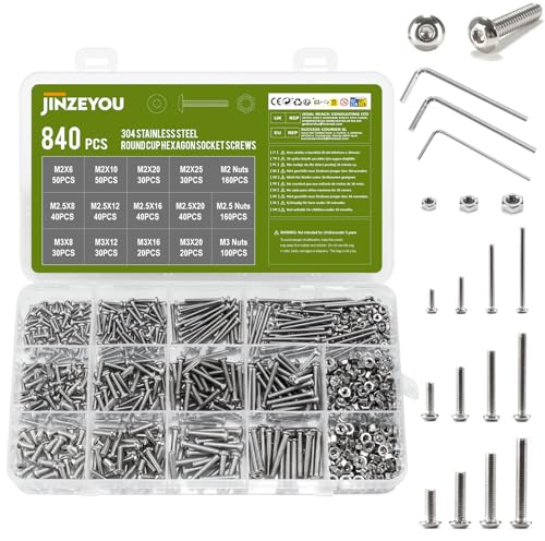 840 Pcs M2 M2.5 M3 Screws Set, Hex Socket Button Head Cap Screws Bolts and Nuts Set, Assorted Nut and Bolt Sets, Stainless Steel Round Head Hex Machine Screw Assortment (silvery)