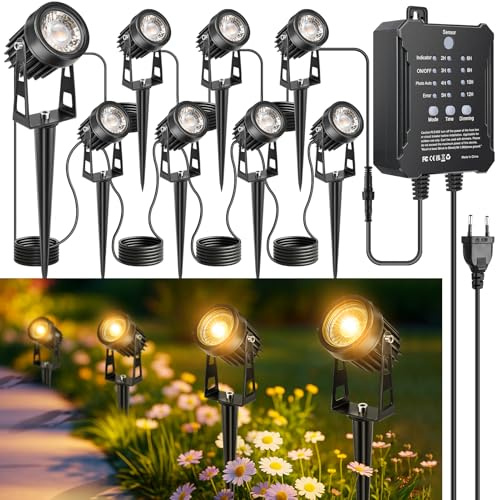 LightingWill Gartenstrahler LED Außen Wasserdicht mit Erdspieß, Gartenbeleuchtung mit Dämmerungssensor & Timer, 8er Set, 3000K Warmweiß, IP65 Gartenspots für Garten, Weg, Terrasse, Einfahrt