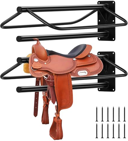 6 Pack Wall Mounted Saddle Rack with Blanket Bar, Heavy Duty Carbon Steel Saddle Stand for Horse Tack Storage, Space Saving Saddle Holder for Tack Room Stable Organisation
