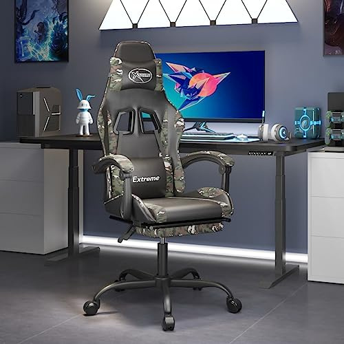 Sinkzol Silla de gaming con reposapiés giratorio, color negro, camuflaje, piel sintética, ergonómica, con respaldo y altura ajustables, para oficina, sala de juegos, oficina en casa y deportes