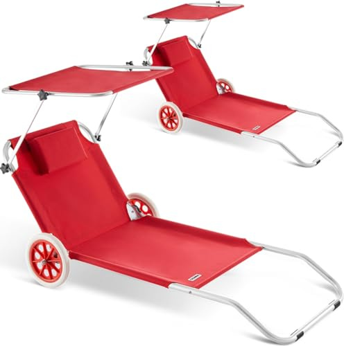 CASARIA® 2X Tumbonas Plegables con 2 Ruedas Parasol Silla Playa Portátil