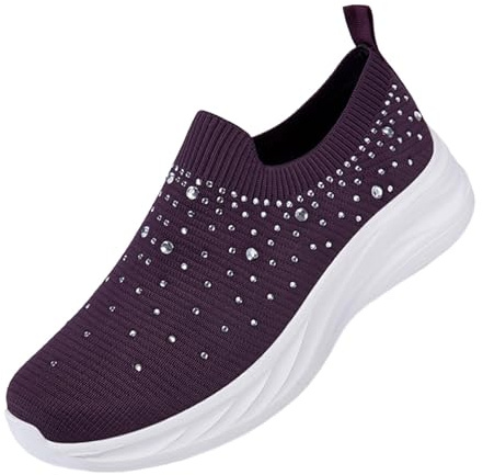 Dam stickade slip-on sneakers casual strass plattform promenadskor, Lila, 39.5 EU | Dam stickade slip-on sneakers strass utsmyckade för fritid kläder bekvämt plattformsstöd