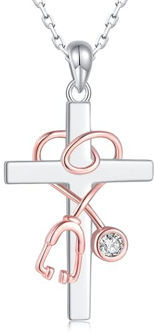 YCTTKDD 925 Sterling Silver Medicin Stetoskop Heart Cross Halsband För Kvinnor Flickor, Religiösa - Tro Och Halsband, Katolska Smycken Jul