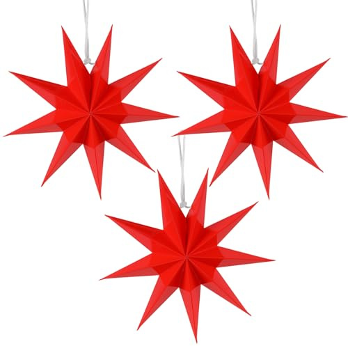 SUNBEAUTY 30cm 3x Folded Paper Star Lanterns 3D Hanging Paper Stars for Wedding Birthday Showers Home Evening Party Window Decoration (Red)
