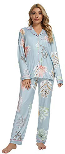 GOSO Women Pyjamas - Button Down Ladies Pyjama Pjs Floral Long Sleeve Top and Pants Nightwear Lady Lounge Soft Sleepwear Sets Light Blue
