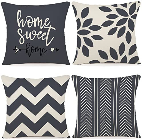 ZWJD Kissenbezug 45x45 4er Set Dekokissen Kissenbezüge Dekoration Outdoor Kissenbezüge Leinen Dekokissen für Schlafzimmer, Sofa, Stuhl, Bett, Garten (45 x 45 cm,Schwarzgrau)