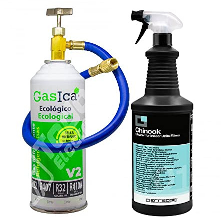 Pack Gas Refrigerante Ecológico Gasica V2 Sustituto R22, R407, R32, R410A y R290 para Recarga Máquina tipo Split de Aire Acondicionado más Manguera con Llave y Limpiador Filtros para Buen Olor