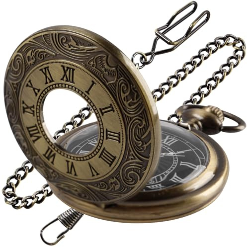 Tiong Vintage Roman Number Quartz Steampunk Pocket Watch with Chain for Men Birthday Christmas Gifts