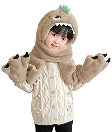 Wintermütze Kinder Kapuzenschal mit Fäustlinge Ohrenwärmer Warm Dick Kinderhut Cartoon Dino Schalhut mit Ohrenklappen Lang Schalmütze Mädchen Jungen Tiermütze für Geburtstag Weihnachten Geschenk