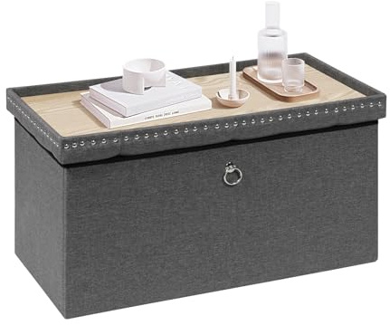 Bonlife Folding Ottoman Storage Bench, Coffee Table with Tray, Large Footstool for Living Room, Footrest Stool, Grey, Linen, 80x40x40cm