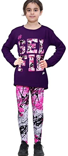 A2Z 4 Kids Girls Top Kids SELFIE Splash Print T Shirt And Legging Set - Selfie Splash Set Purple L.S_13-14