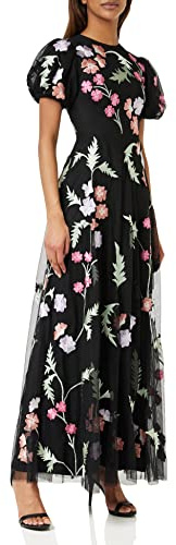 Maya Deluxe Womens Maxi Dress Ladies Floral Embroidered Open Back Puff Sleeves Dress for Wedding Guest Bridesmaid Prom Occasion Black Size 6 UK
