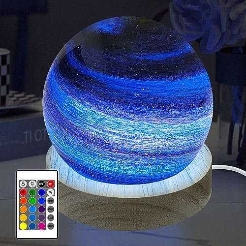 HONPHIER Planeten Lampe Glaskugel Nachtlicht 16 Farben RGB Dimmbar Stimmungslicht USB Astronomische Licht mit Fernbedienung, Holzsockel, Dekoration für Heim, Familie Freund Geschenke, 8 CM