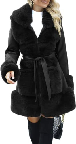 Giolshon Trench Longue Ceinturé pour Femme épaissir Polaire Parka Simili Cuir et Fausse Laine Mélangée Outwear