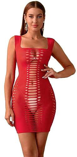Bommi Fairy Femme Lingerie Sexy en Maille à Découpes Minirobe Bodysuit Bodycon Robe Col Rond Teddy Poitrine Jupe Courte, rouge, XS-XXL