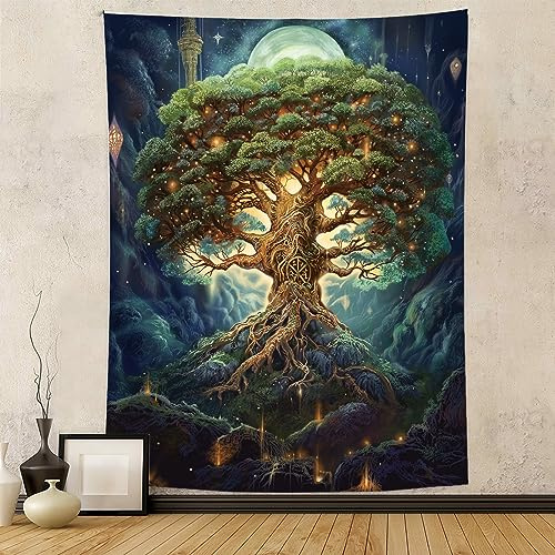 Tapzen Tree of Life Wall Hanging - Moon Star Galaxy Forest Nature Tapestry for Bedroom, Living Room, Dorm (60 x 40 inches)