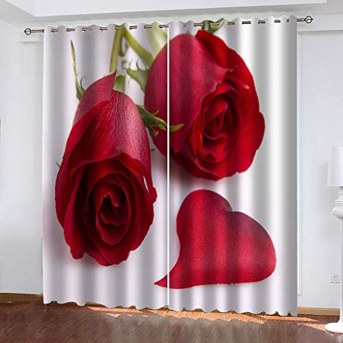 Vorhang Blickdicht Schlaufen, 3D Rote Rosenblüte Muster Ösenvorhang 2Er Set, Verdunkelungsvorhang Schlafzimmer Mit Ösen, Thermogardine Wohnzimmer Modern Fensterdekoration 270X300cm
