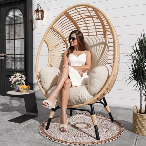 CHINNLUU Outdoor Wicker Egg Chair Indoor Patio Egg Chairs Oversized Egg Lounge Chair Cozy Basket Chair with Cushion 500lbs Capacity for Bedroom Garden Backyard Balcony